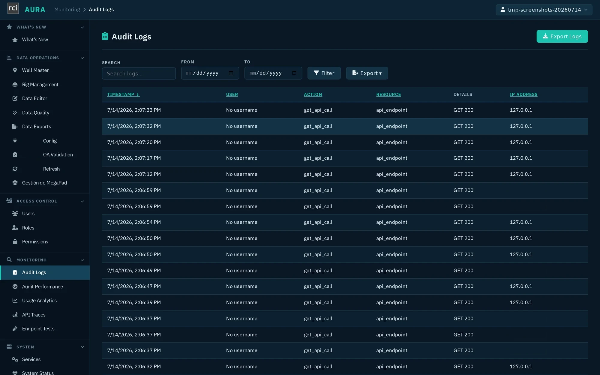 AURA Admin Audit Logs table: per-request rows with timestamp, user, action (get_api_call), resource (api_endpoint), details (GET 200), and source IP address, with search, date-range filter, and export controls.