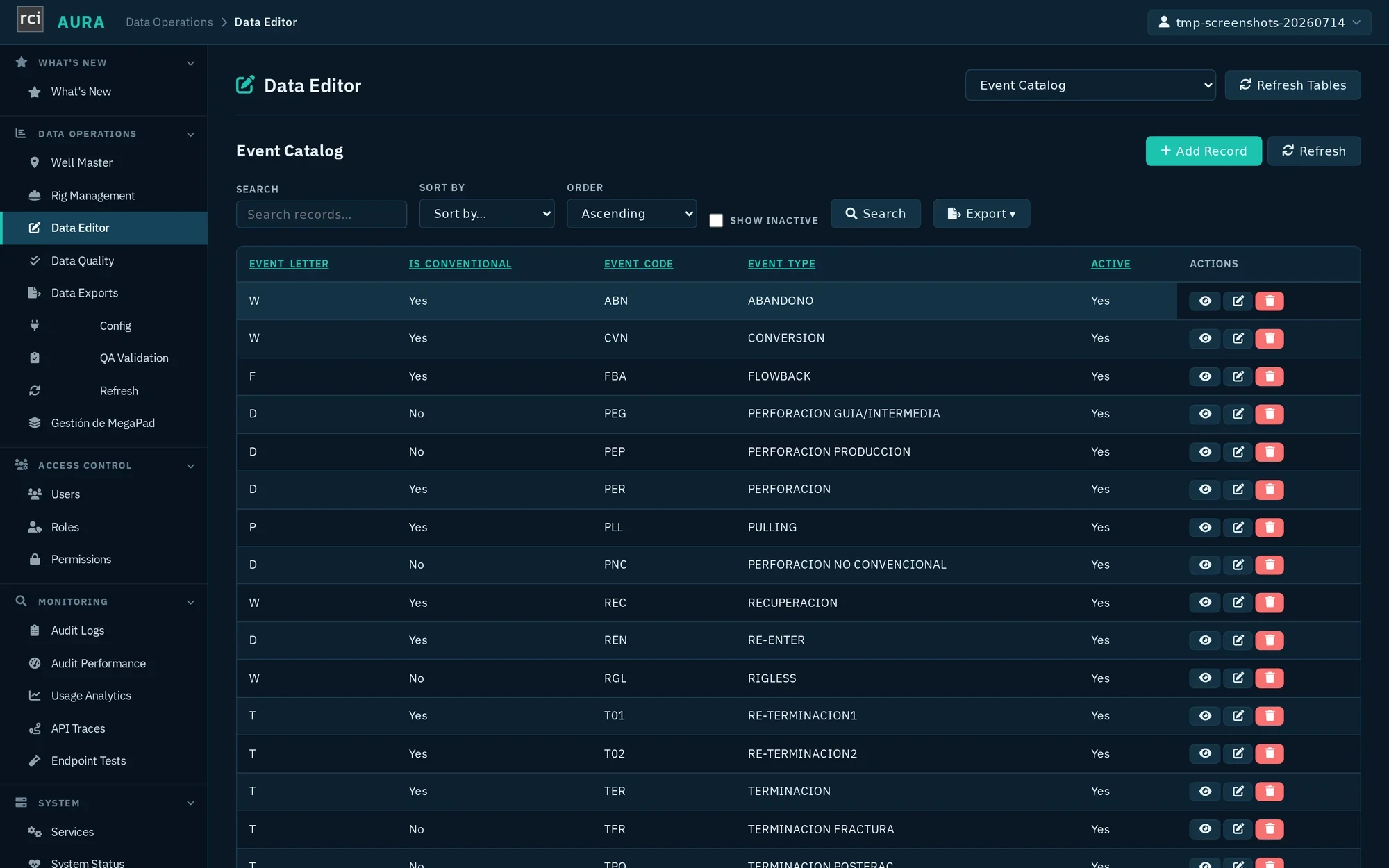AURA Admin Data Editor grid on a populated table, Event Catalog: columns for event letter, conventional flag, code, type, and active, with search, sort, export, and per-row view, edit, and delete actions.