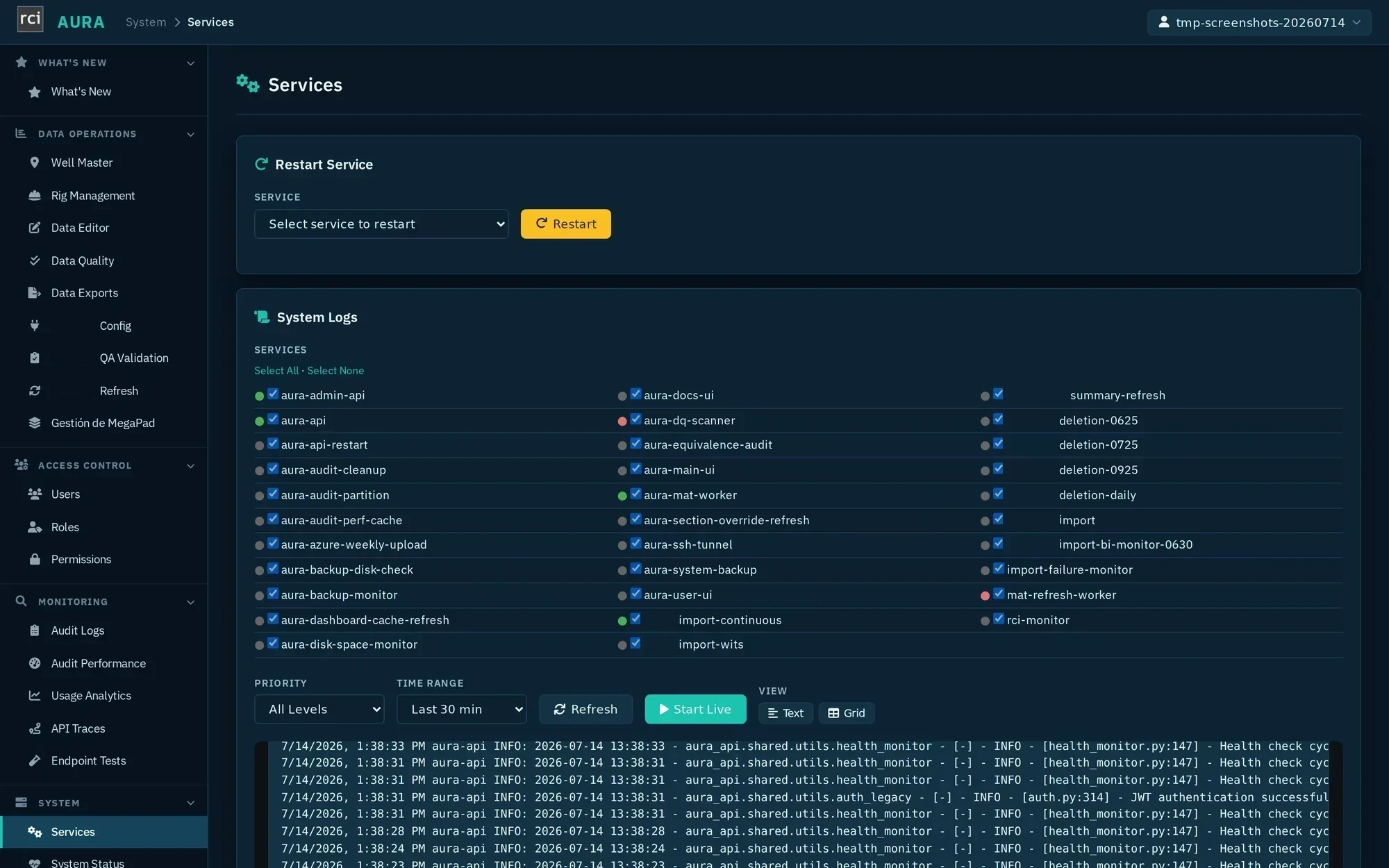AURA Admin Services page listing roughly 35 systemd services with live green health dots — aura-api, aura-mat-worker, continuous import services, scheduled deletion jobs, backup and upload services, and monitors — alongside a live-tailing system log pane.