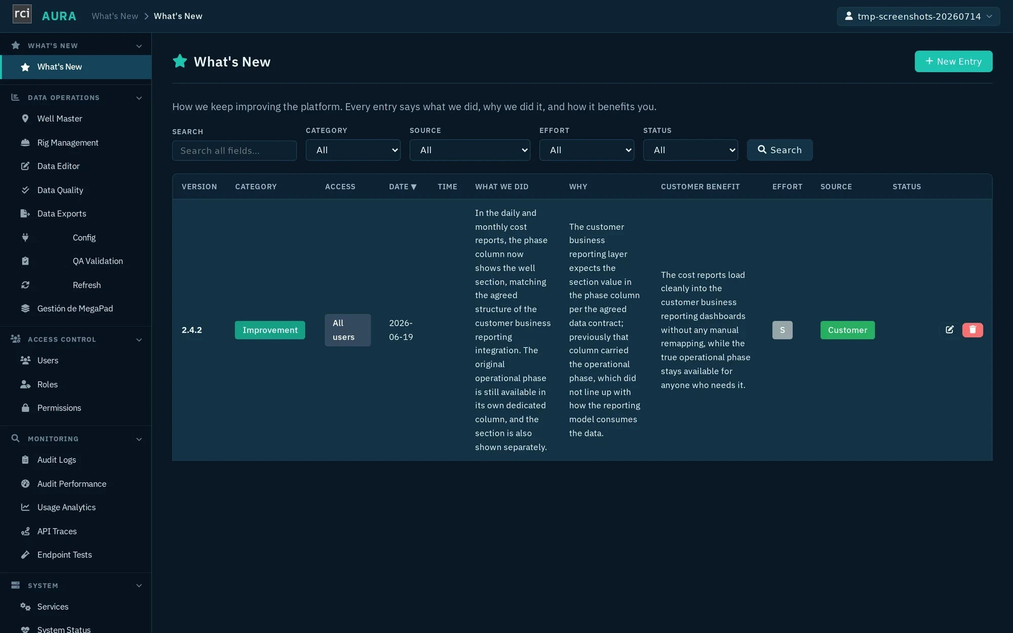 AURA What's New changelog: versioned entries such as 2.4.2 with What We Did, Why, Customer Benefit, Effort, Source, and Status columns, and category tags including Improvement and Feature.